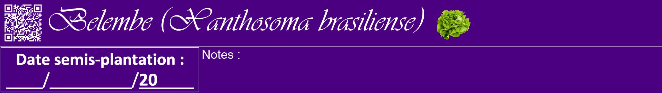 Étiquette de : Xanthosoma brasiliense - format a - style blanche47viv avec qrcode et comestibilité simplifiée