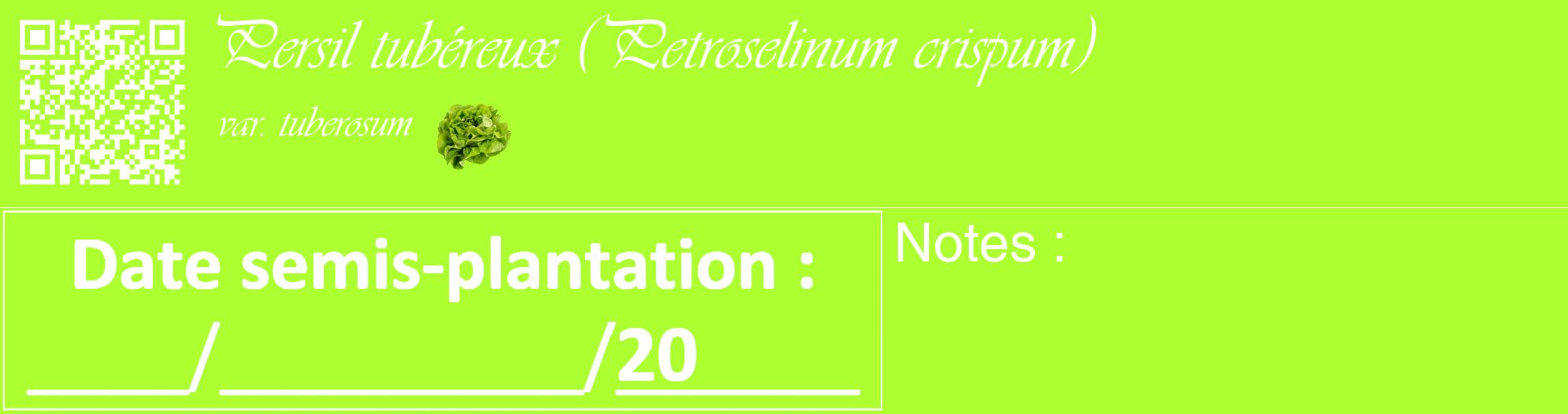 Étiquette de : Petroselinum crispum var. tuberosum - format c - style blanche17_basique_basiqueviv avec qrcode et comestibilité simplifiée