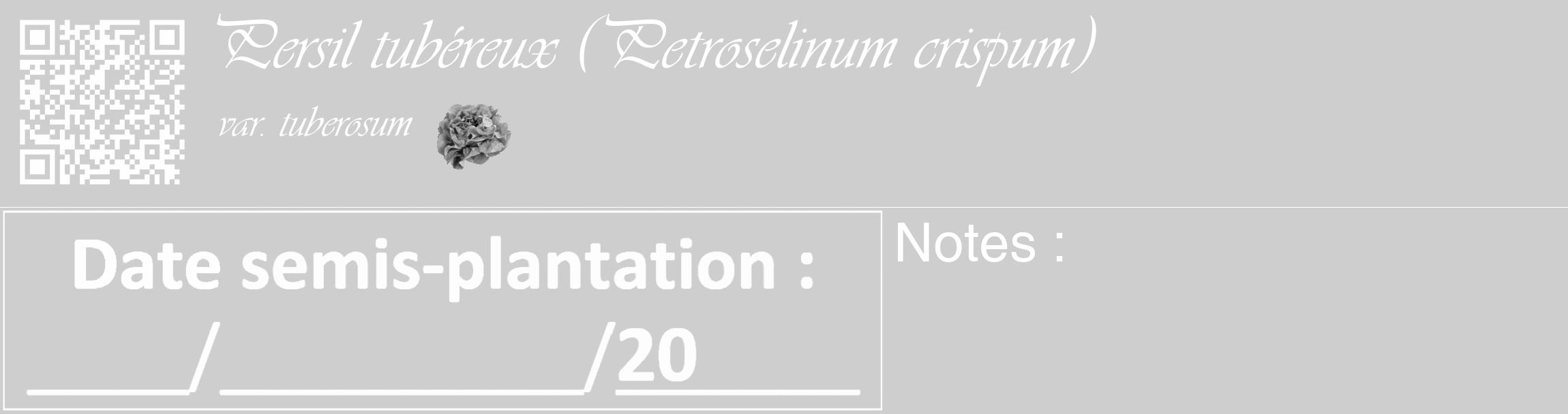 Étiquette de : Petroselinum crispum var. tuberosum - format c - style blanche17_basique_basiqueviv avec qrcode et comestibilité simplifiée