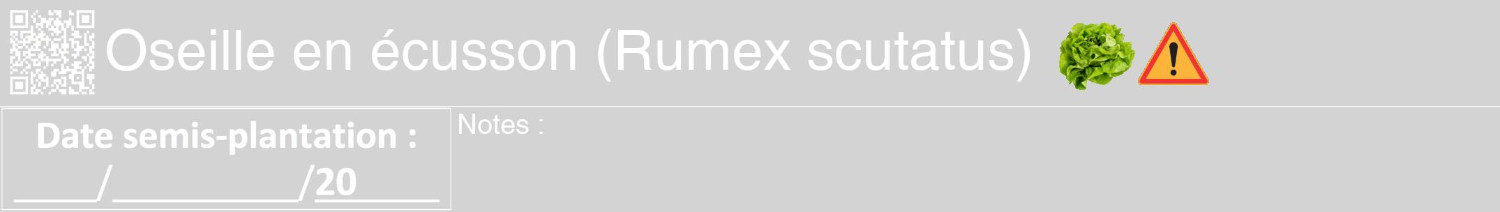 Étiquette de : Rumex scutatus - format a - style blanche56hel avec qrcode et comestibilité simplifiée