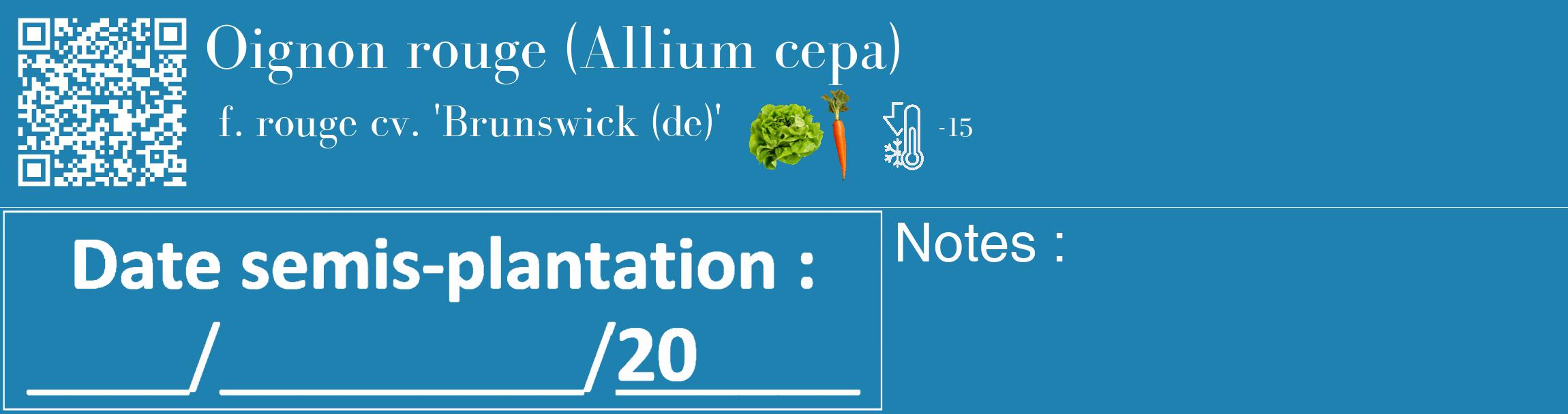 Étiquette de : Allium cepa f. rouge cv. 'Brunswick (de)' - format c - style blanche6_basique_basiquebod avec qrcode et comestibilité simplifiée