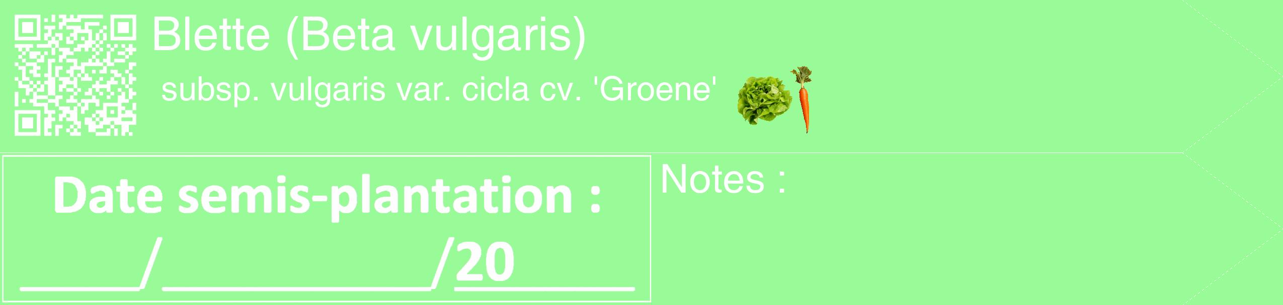Étiquette de : Beta vulgaris subsp. vulgaris var. cicla cv. 'Groene' - format c - style blanche14_simple_simplehel avec qrcode et comestibilité simplifiée