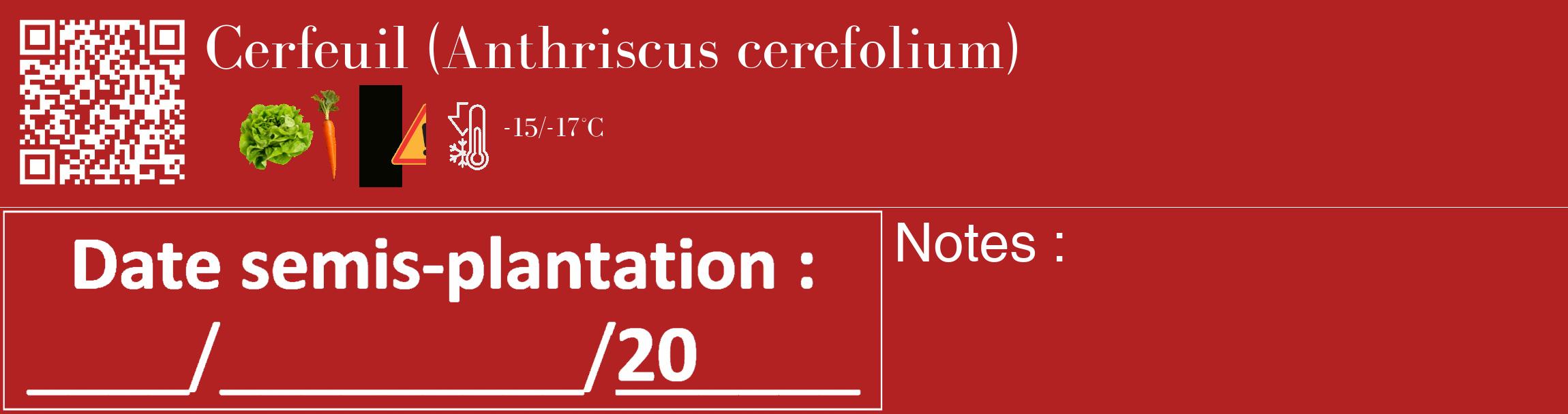 Étiquette de : Anthriscus cerefolium - format c - style blanche28_basique_basiquebod avec qrcode et comestibilité simplifiée