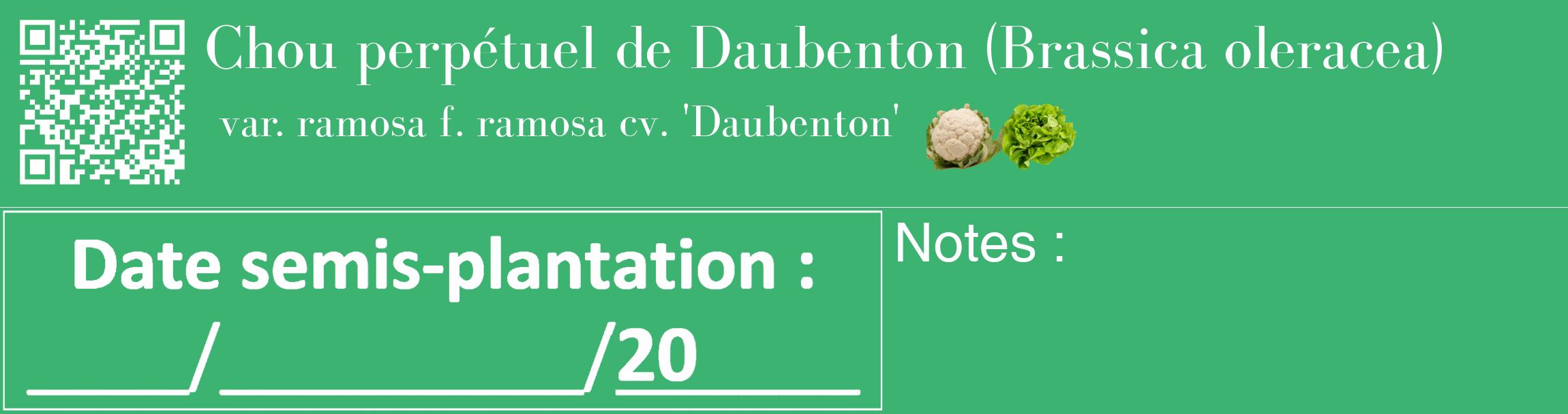 Étiquette de : Brassica oleracea var. ramosa f. ramosa cv. 'Daubenton' - format c - style blanche12_basique_basiquebod avec qrcode et comestibilité simplifiée