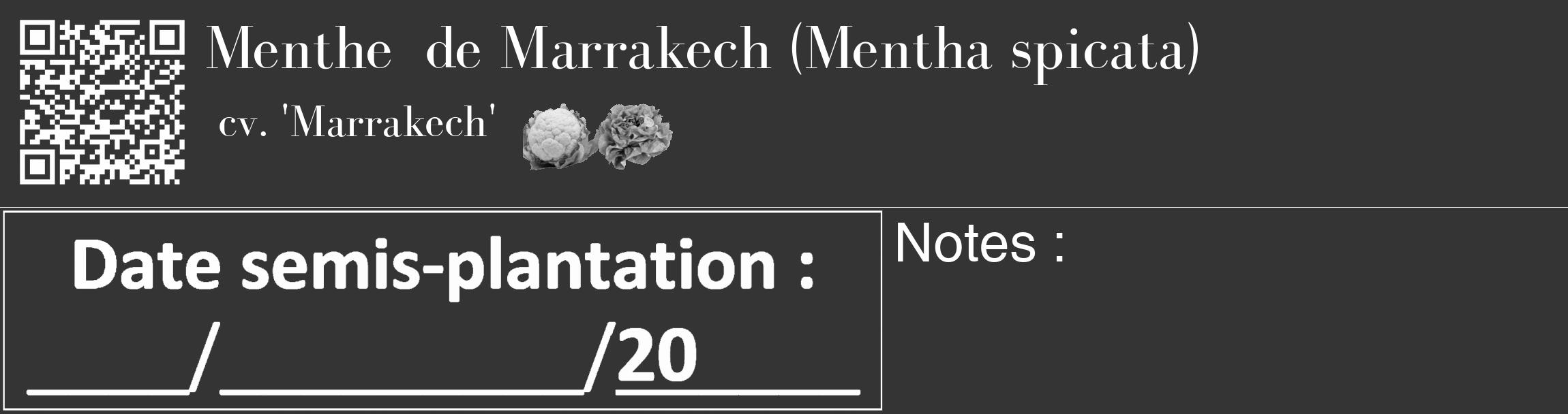 Étiquette de : Mentha spicata cv. 'Marrakech' - format c - style blanche46_basique_basiquebod avec qrcode et comestibilité simplifiée