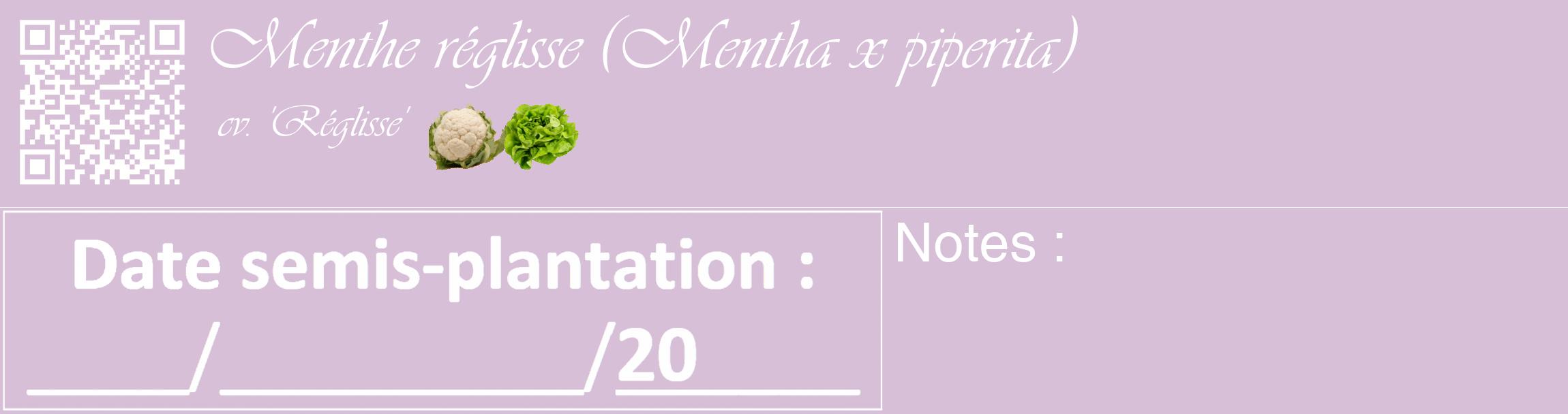 Étiquette de : Mentha x piperita cv. 'Réglisse' - format c - style blanche54_basique_basiqueviv avec qrcode et comestibilité simplifiée