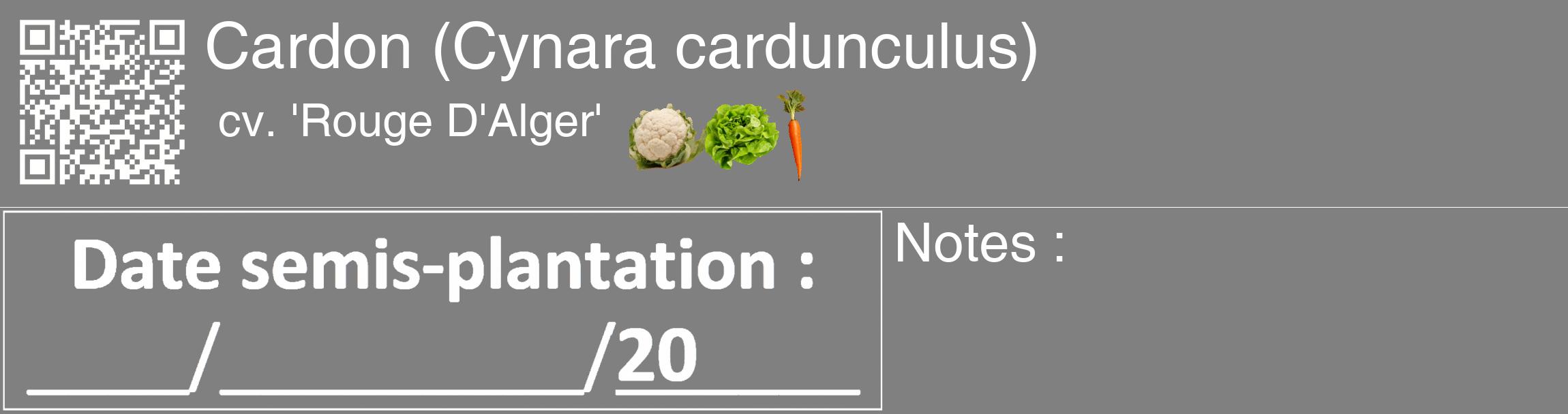 Étiquette de : Cynara cardunculus cv. 'Rouge D'Alger' - format c - style blanche57_basique_basiquehel avec qrcode et comestibilité simplifiée