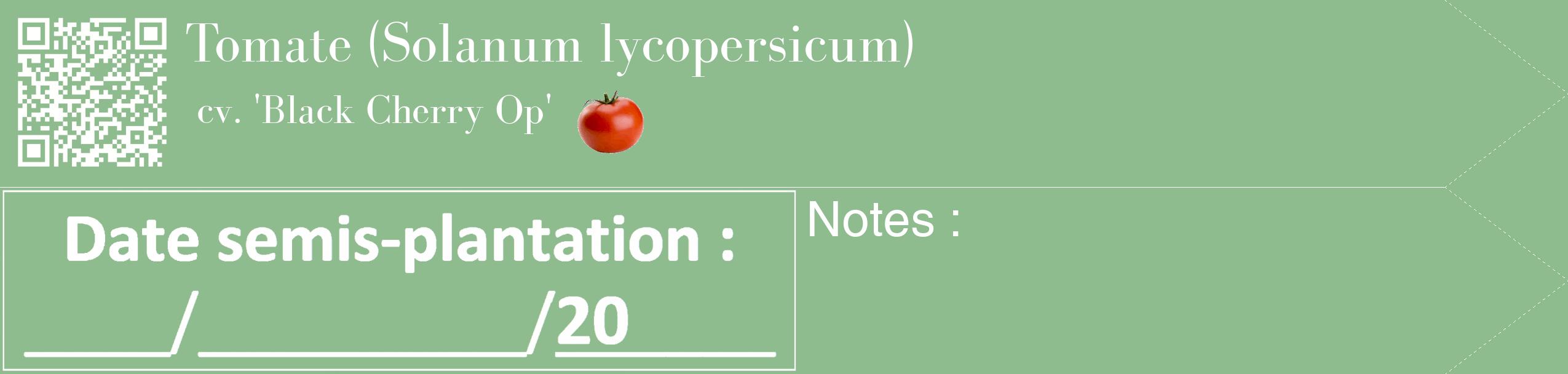 Étiquette de : Solanum lycopersicum cv. 'Black Cherry Op' - format c - style blanche13_simple_simplebod avec qrcode et comestibilité simplifiée