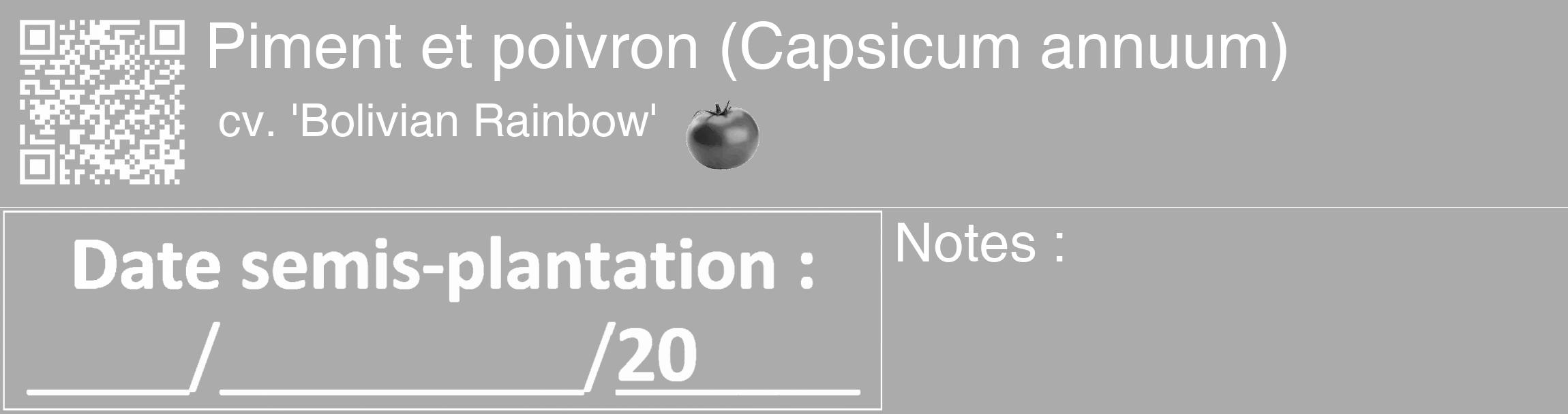 Étiquette de : Capsicum annuum cv. 'Bolivian Rainbow' - format c - style blanche37_basique_basiquehel avec qrcode et comestibilité simplifiée