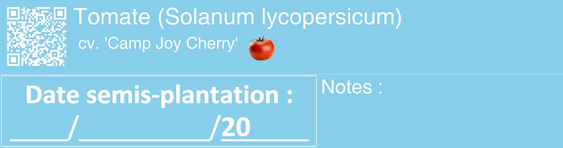 Étiquette de : Solanum lycopersicum cv. 'Camp Joy Cherry' - format c - style blanche1_basique_basiquehel avec qrcode et comestibilité simplifiée