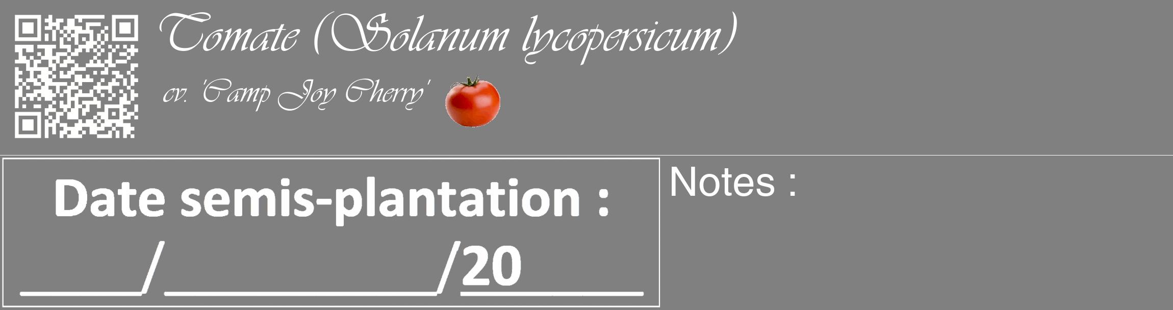 Étiquette de : Solanum lycopersicum cv. 'Camp Joy Cherry' - format c - style blanche57_basique_basiqueviv avec qrcode et comestibilité simplifiée