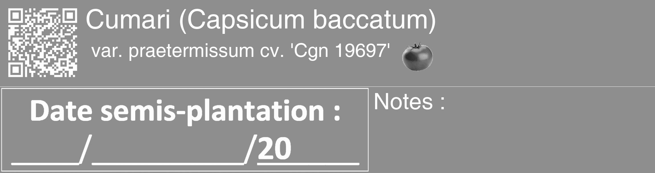 Étiquette de : Capsicum baccatum var. praetermissum cv. 'Cgn 19697' - format c - style blanche25basique_basique_basiquehel avec qrcode et comestibilité simplifiée