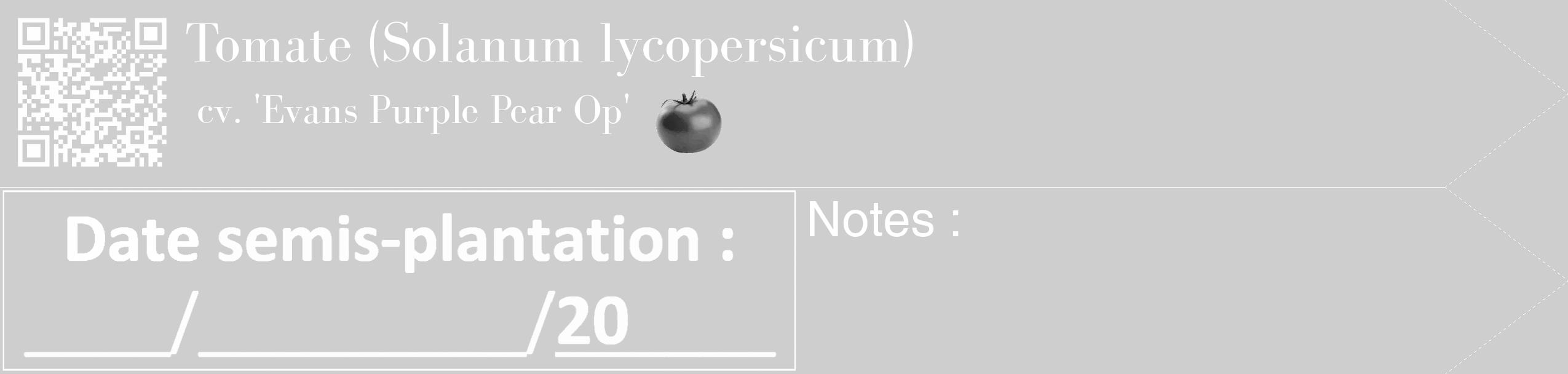 Étiquette de : Solanum lycopersicum cv. 'Evans Purple Pear Op' - format c - style blanche17_simple_simplebod avec qrcode et comestibilité simplifiée