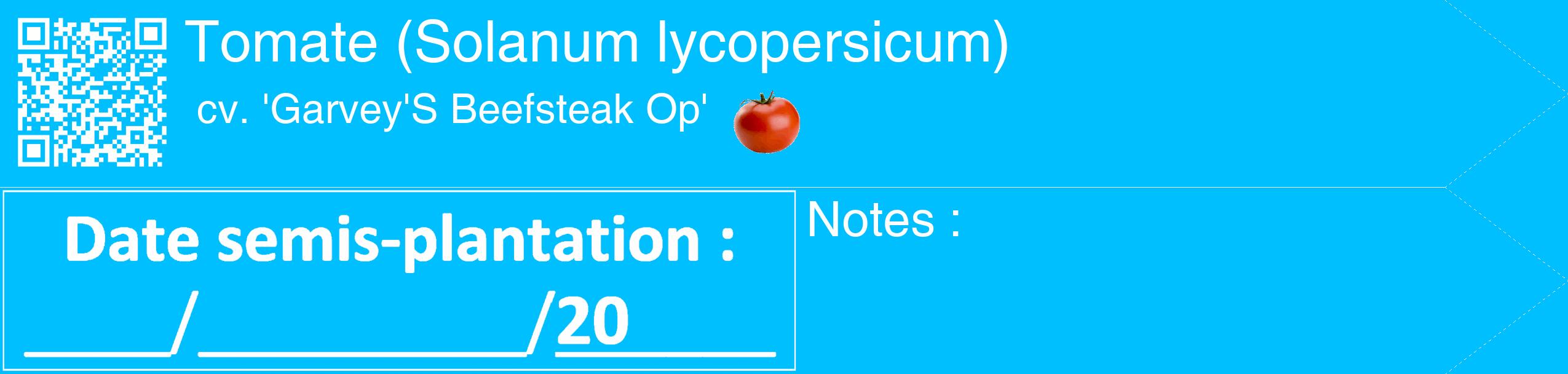 Étiquette de : Solanum lycopersicum cv. 'Garvey'S Beefsteak Op' - format c - style blanche2_simple_simplehel avec qrcode et comestibilité simplifiée