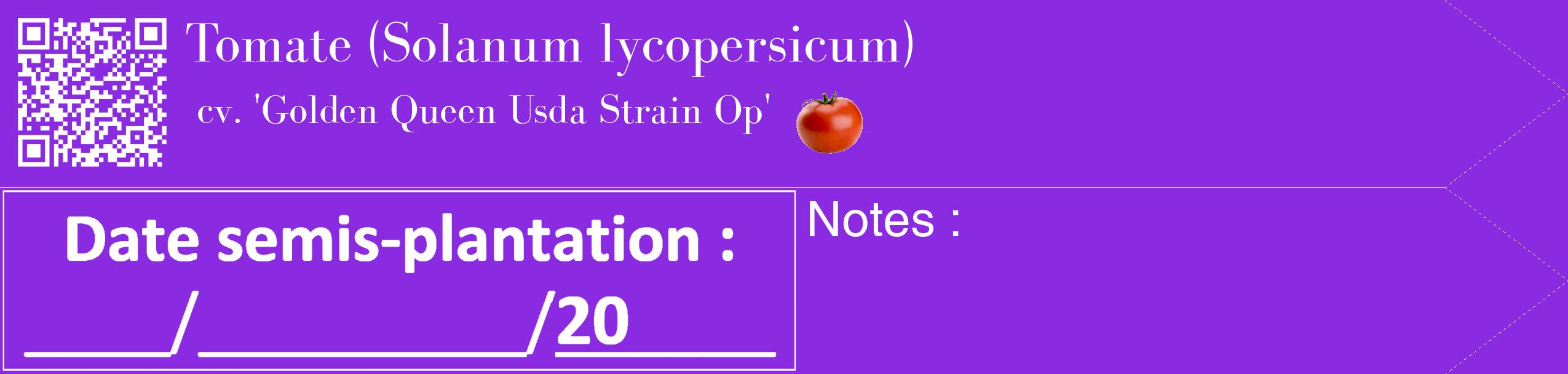 Étiquette de : Solanum lycopersicum cv. 'Golden Queen Usda Strain Op' - format c - style blanche49_simple_simplebod avec qrcode et comestibilité simplifiée