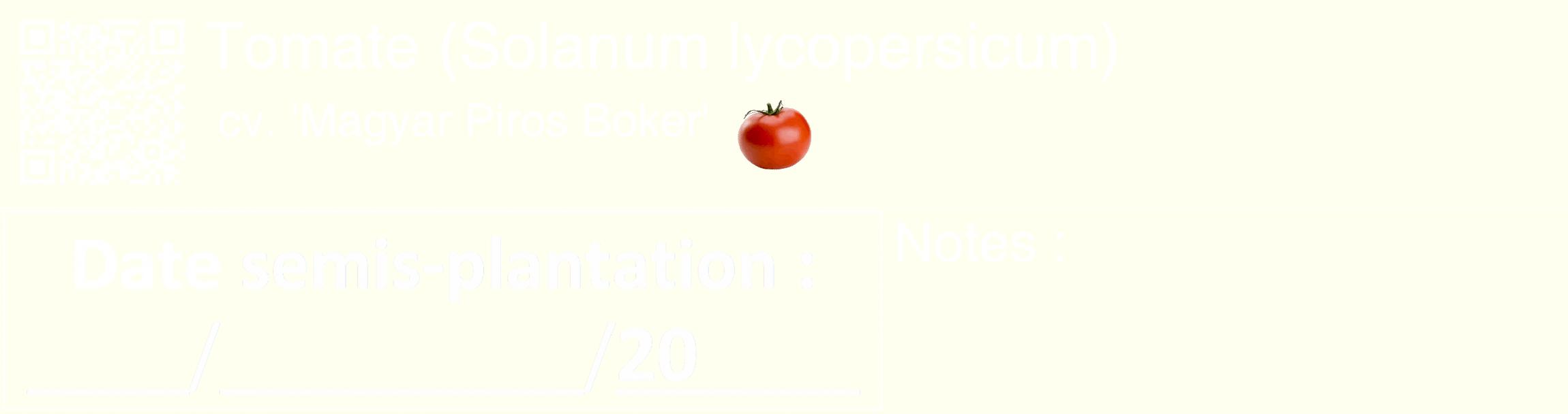 Étiquette de : Solanum lycopersicum cv. 'Magyar Piros Boker' - format c - style blanche19_basique_basiquehel avec qrcode et comestibilité simplifiée