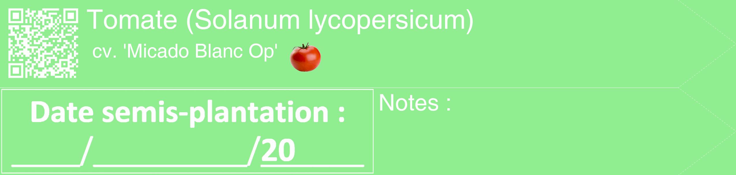 Étiquette de : Solanum lycopersicum cv. 'Micado Blanc Op' - format c - style blanche15_simple_simplehel avec qrcode et comestibilité simplifiée