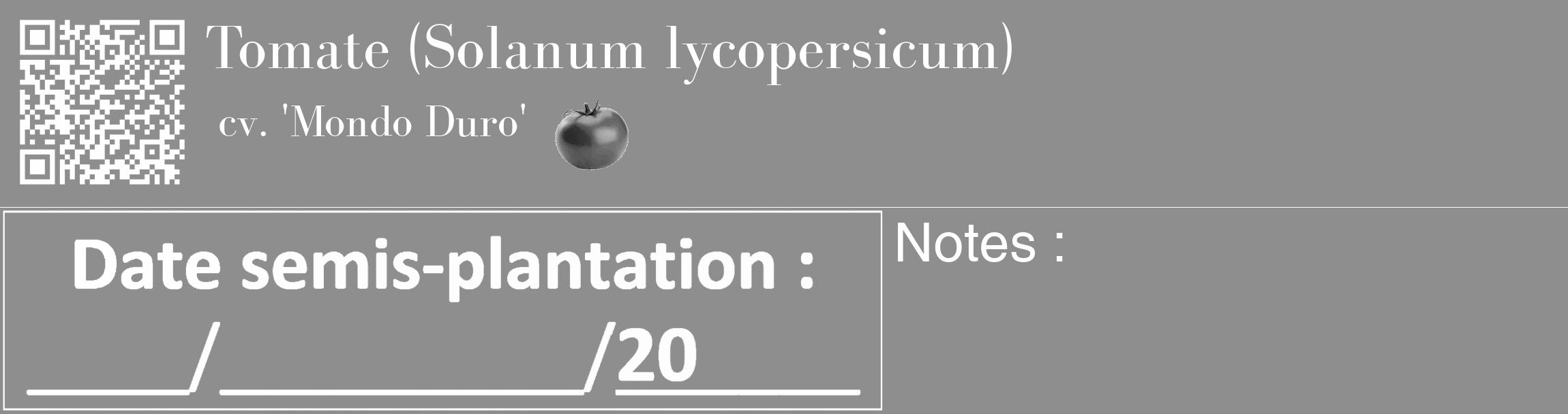 Étiquette de : Solanum lycopersicum cv. 'Mondo Duro' - format c - style blanche25_basique_basiquebod avec qrcode et comestibilité simplifiée