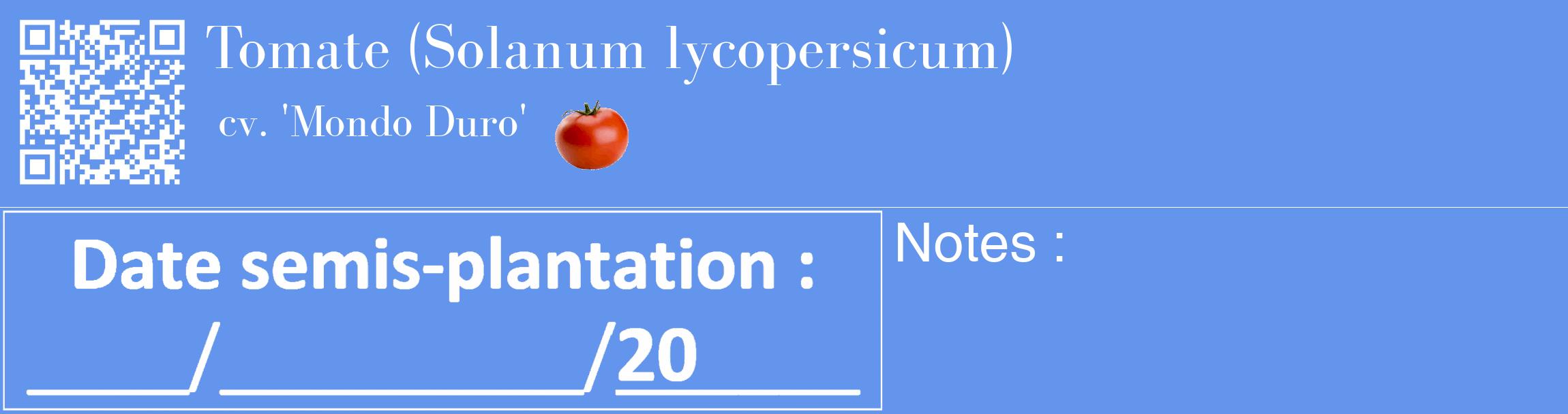 Étiquette de : Solanum lycopersicum cv. 'Mondo Duro' - format c - style blanche4_basique_basiquebod avec qrcode et comestibilité simplifiée