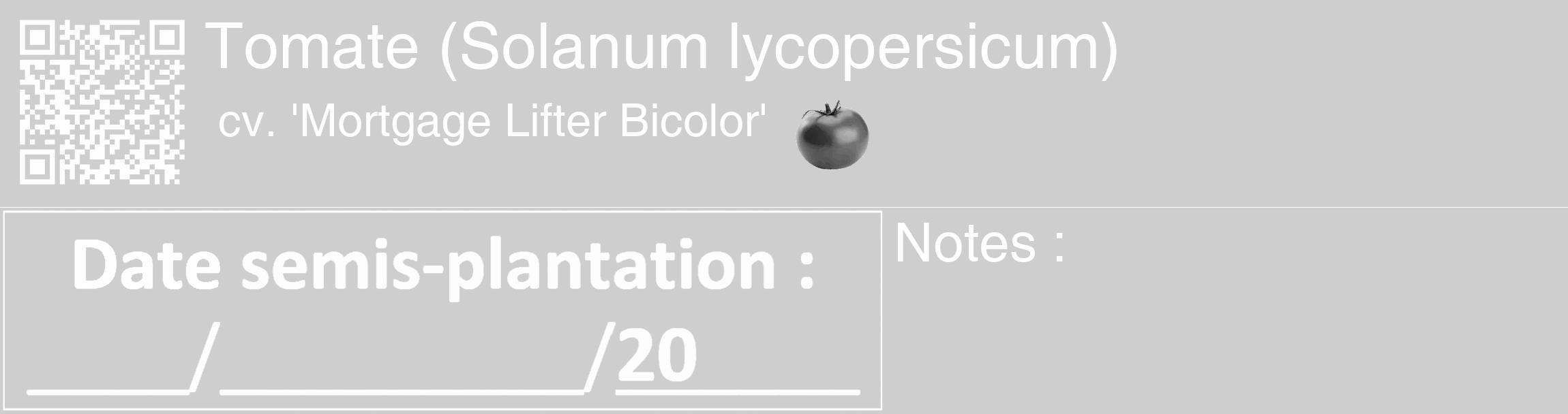 Étiquette de : Solanum lycopersicum cv. 'Mortgage Lifter Bicolor' - format c - style blanche17_basique_basiquehel avec qrcode et comestibilité simplifiée