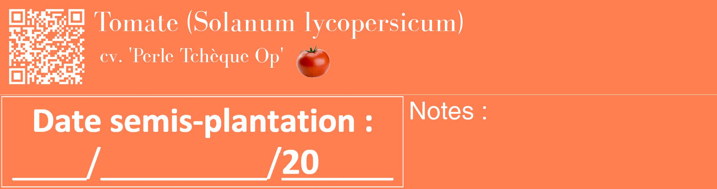 Étiquette de : Solanum lycopersicum cv. 'Perle Tchèque Op' - format c - style blanche24_basique_basiquebod avec qrcode et comestibilité simplifiée