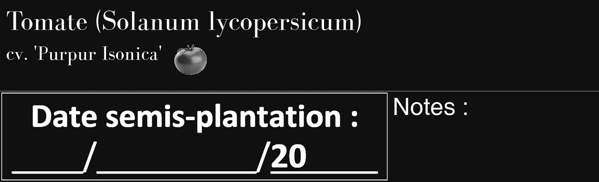 Étiquette de : Solanum lycopersicum cv. 'Purpur Isonica' - format c - style blanche7_basique_basiquebod avec comestibilité simplifiée