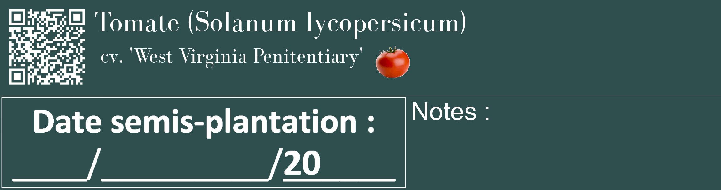 Étiquette de : Solanum lycopersicum cv. 'West Virginia Penitentiary' - format c - style blanche58_basique_basiquebod avec qrcode et comestibilité simplifiée