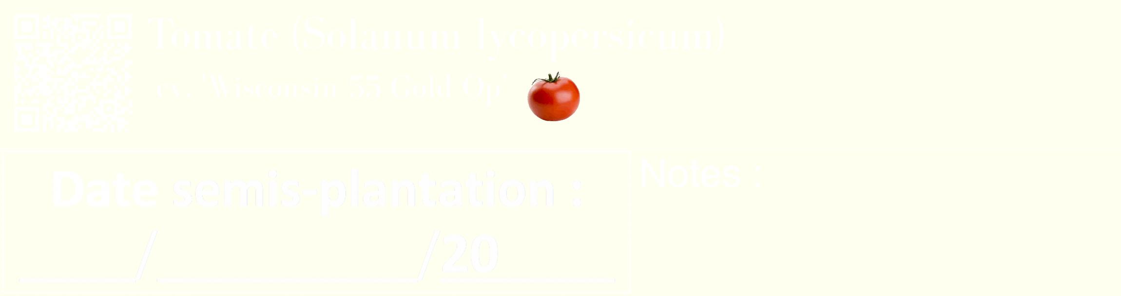 Étiquette de : Solanum lycopersicum cv. 'Wisconsin 55 Gold Op' - format c - style blanche19_basique_basiquebod avec qrcode et comestibilité simplifiée