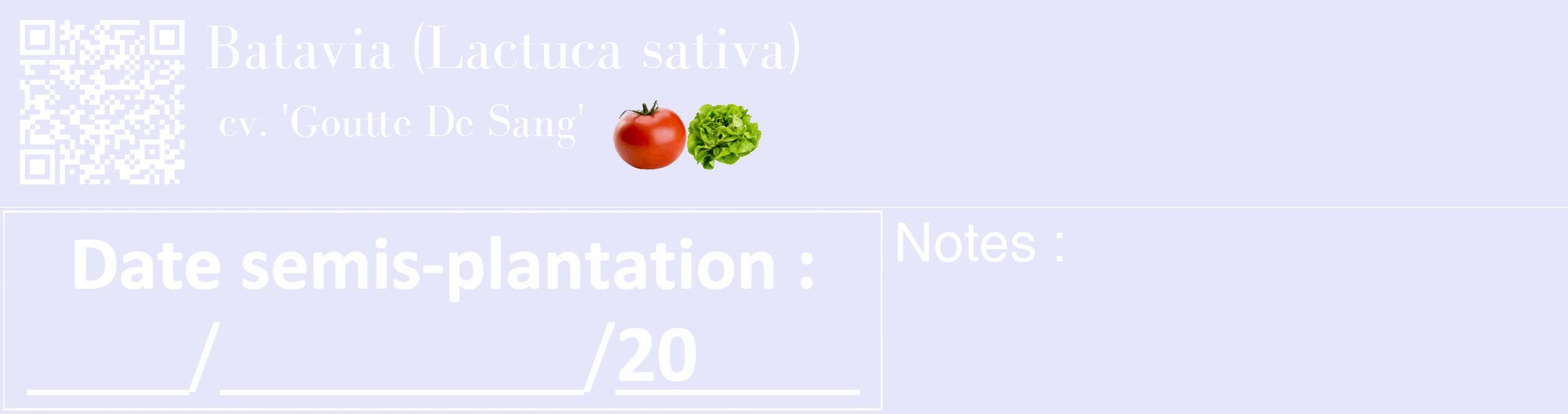 Étiquette de : Lactuca sativa cv. 'Goutte De Sang' - format c - style blanche55_basique_basiquebod avec qrcode et comestibilité simplifiée