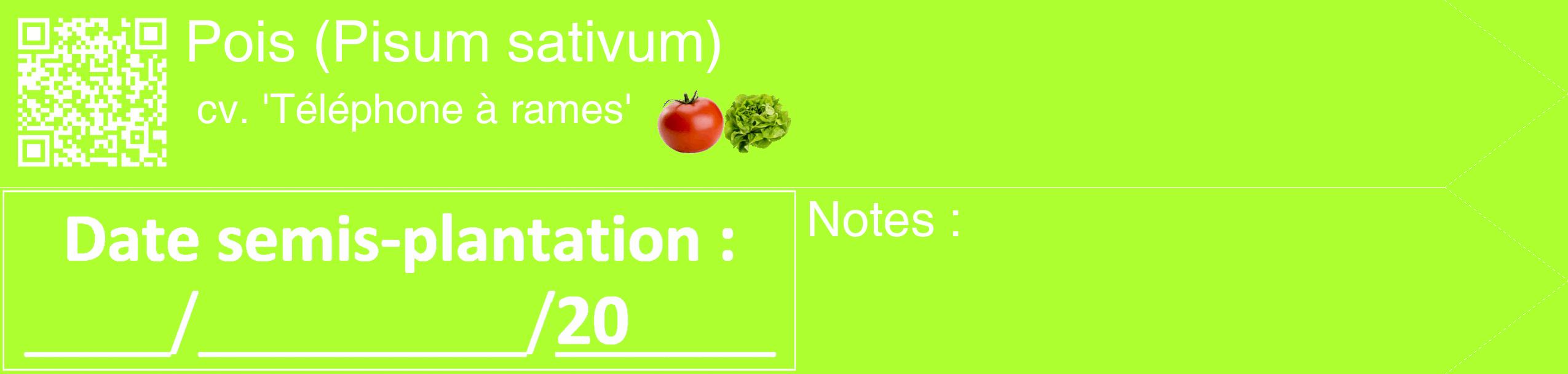 Étiquette de : Pisum sativum cv. 'Téléphone à rames' - format c - style blanche17_simple_simplehel avec qrcode et comestibilité simplifiée