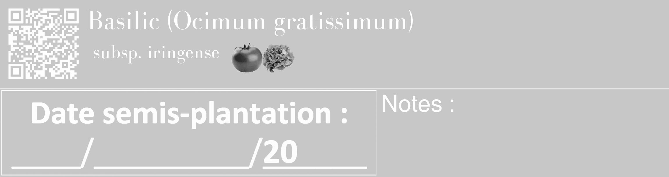 Étiquette de : Ocimum gratissimum subsp. iringense - format c - style blanche15_basique_basiquebod avec qrcode et comestibilité simplifiée