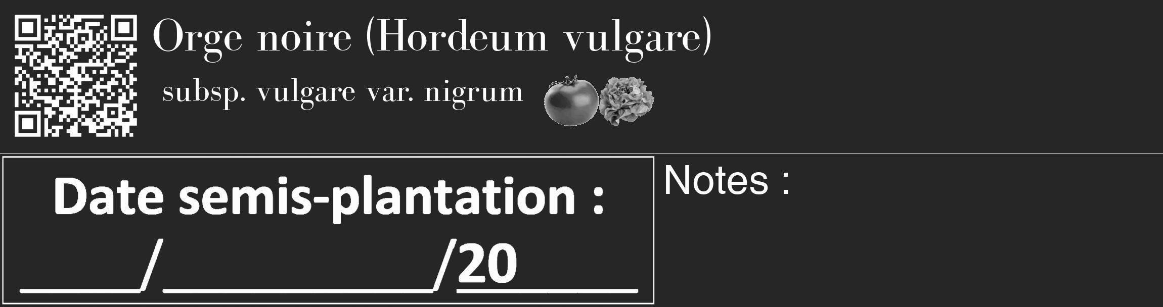 Étiquette de : Hordeum vulgare subsp. vulgare var. nigrum - format c - style blanche29_basique_basiquebod avec qrcode et comestibilité simplifiée