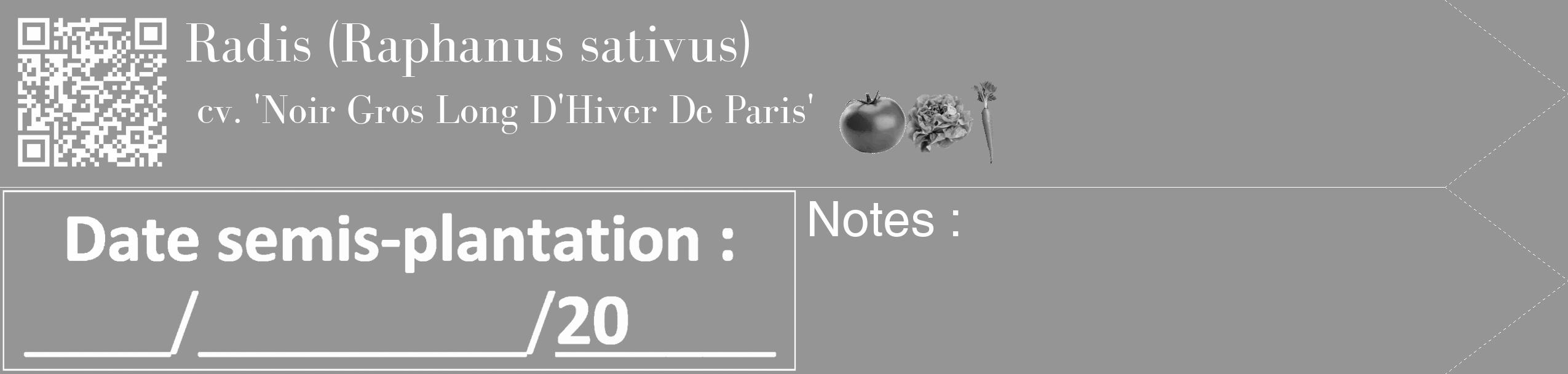 Étiquette de : Raphanus sativus cv. 'Noir Gros Long D'Hiver De Paris' - format c - style blanche16_simple_simplebod avec qrcode et comestibilité simplifiée
