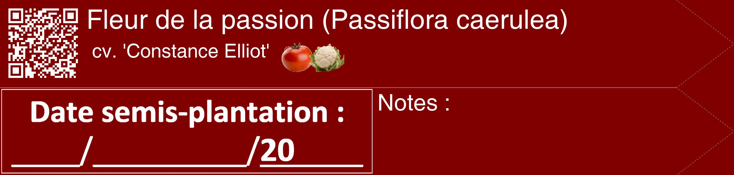 Étiquette de : Passiflora caerulea cv. 'Constance Elliot' - format c - style blanche29_simple_simplehel avec qrcode et comestibilité simplifiée