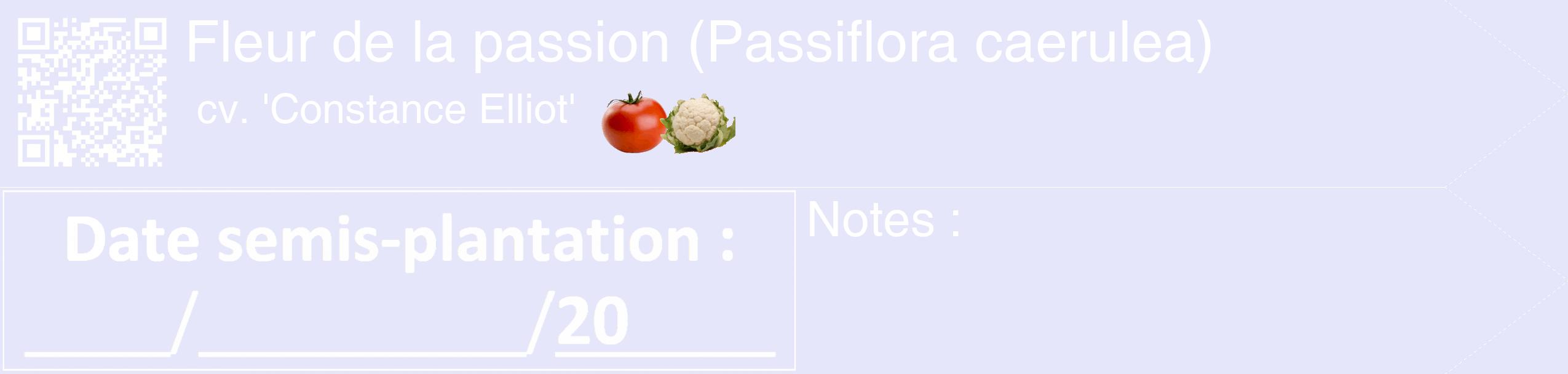 Étiquette de : Passiflora caerulea cv. 'Constance Elliot' - format c - style blanche55_simple_simplehel avec qrcode et comestibilité simplifiée