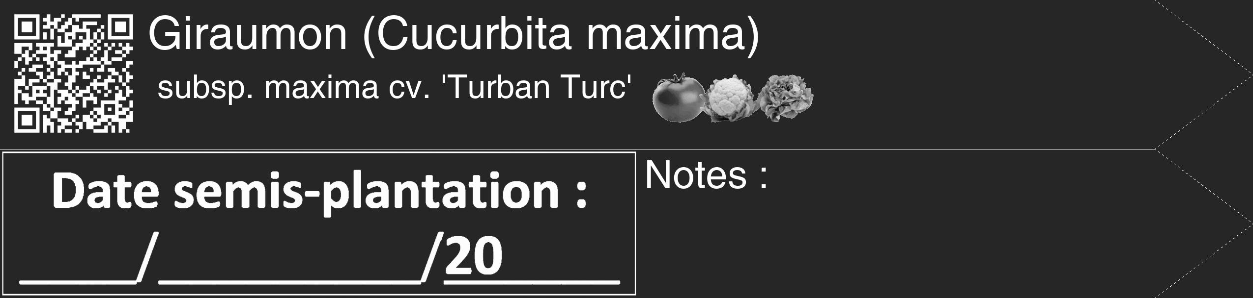 Étiquette de : Cucurbita maxima subsp. maxima cv. 'Turban Turc' - format c - style blanche29_simple_simplehel avec qrcode et comestibilité simplifiée