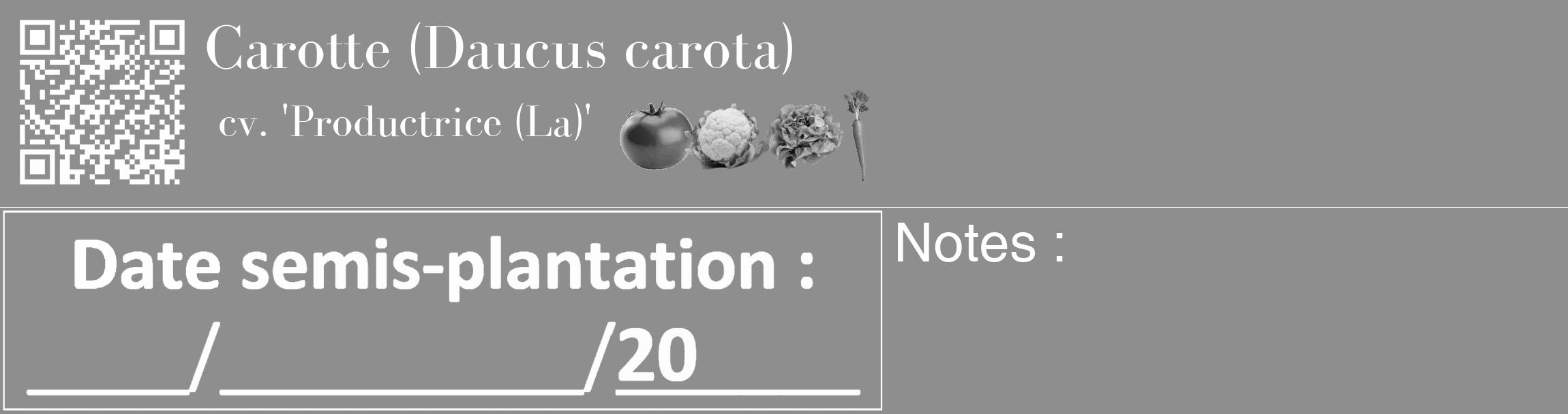 Étiquette de : Daucus carota cv. 'Productrice (La)' - format c - style blanche25_basique_basiquebod avec qrcode et comestibilité simplifiée