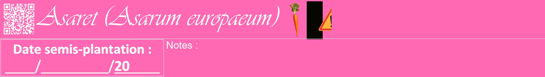 Étiquette de : Asarum europaeum - format a - style blanche42viv avec qrcode et comestibilité simplifiée