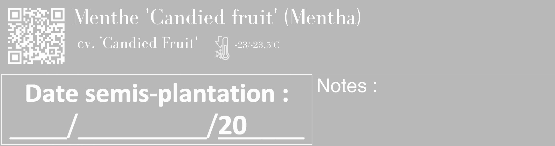 Étiquette de : Mentha cv. 'Candied Fruit' - format c - style blanche39_basique_basiquebod avec qrcode et comestibilité