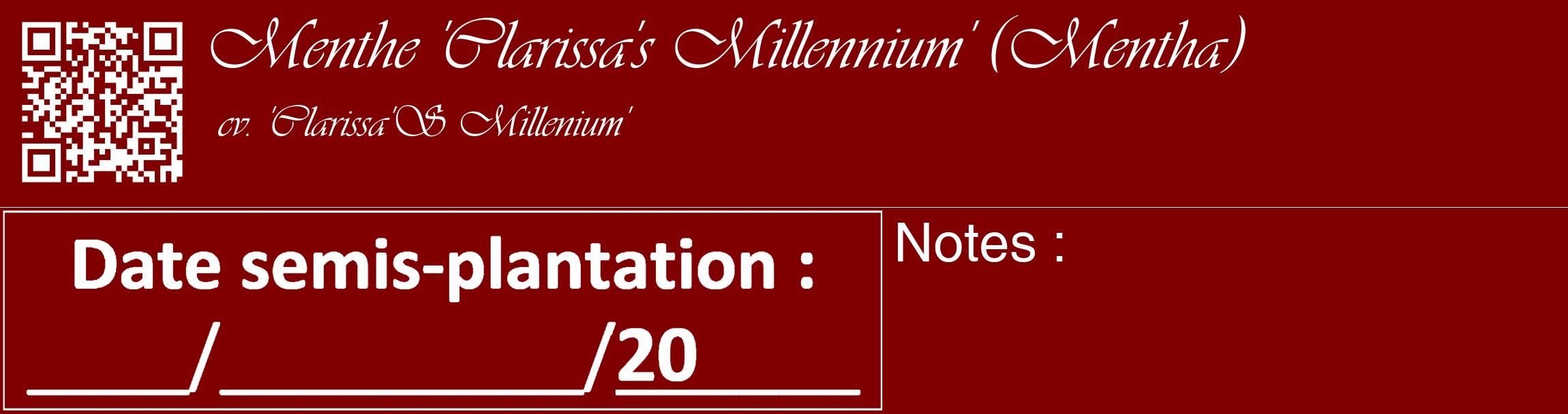 Étiquette de : Mentha cv. 'Clarissa'S Millenium' - format c - style blanche29_basique_basiqueviv avec qrcode et comestibilité