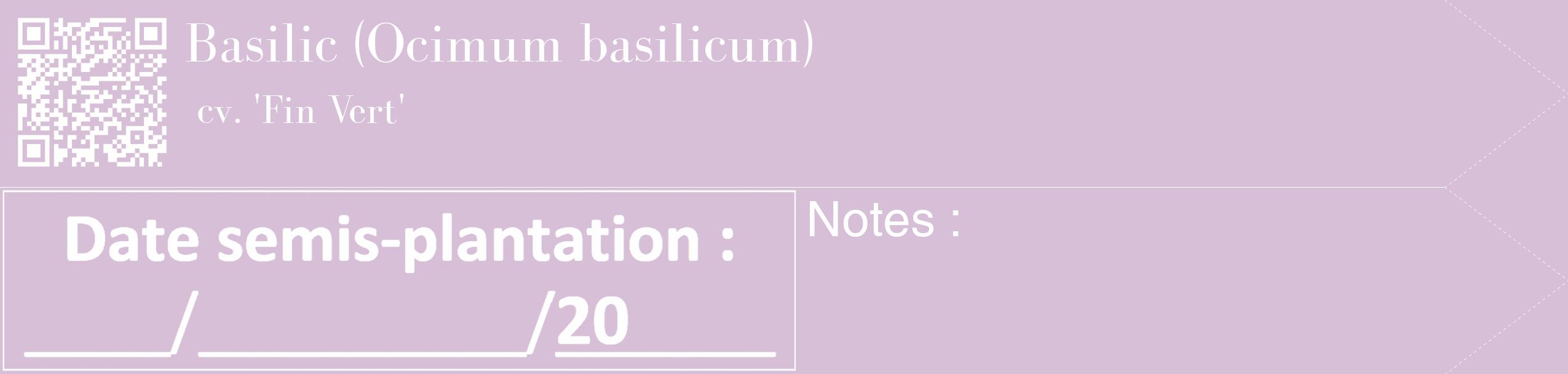 Étiquette de : Ocimum basilicum cv. 'Fin Vert' - format c - style blanche54_simple_simplebod avec qrcode et comestibilité