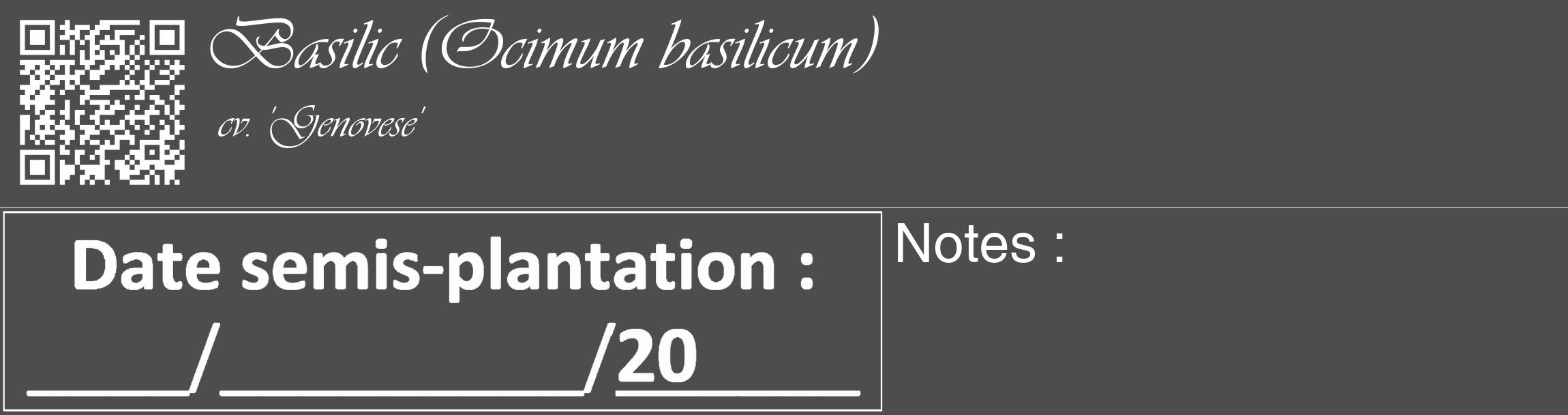 Étiquette de : Ocimum basilicum cv. 'Genovese' - format c - style blanche28_basique_basiqueviv avec qrcode et comestibilité