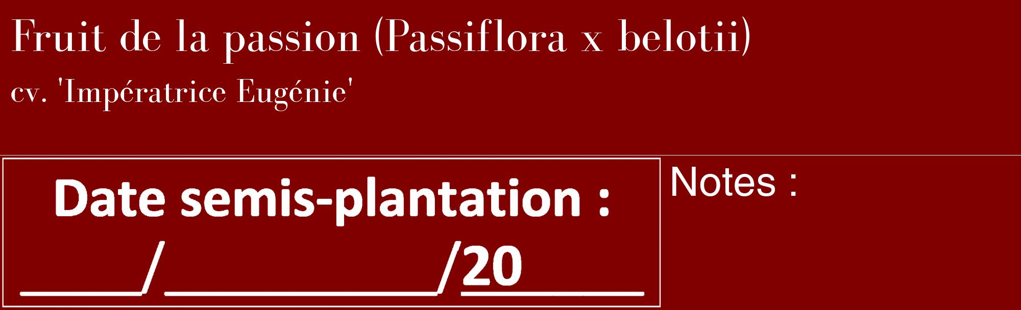 Étiquette de : Passiflora x belotii cv. 'Impératrice Eugénie' - format c - style blanche29_basique_basiquebod avec comestibilité