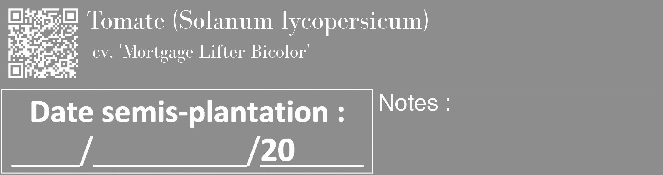 Étiquette de : Solanum lycopersicum cv. 'Mortgage Lifter Bicolor' - format c - style blanche2_basique_basiquebod avec qrcode et comestibilité