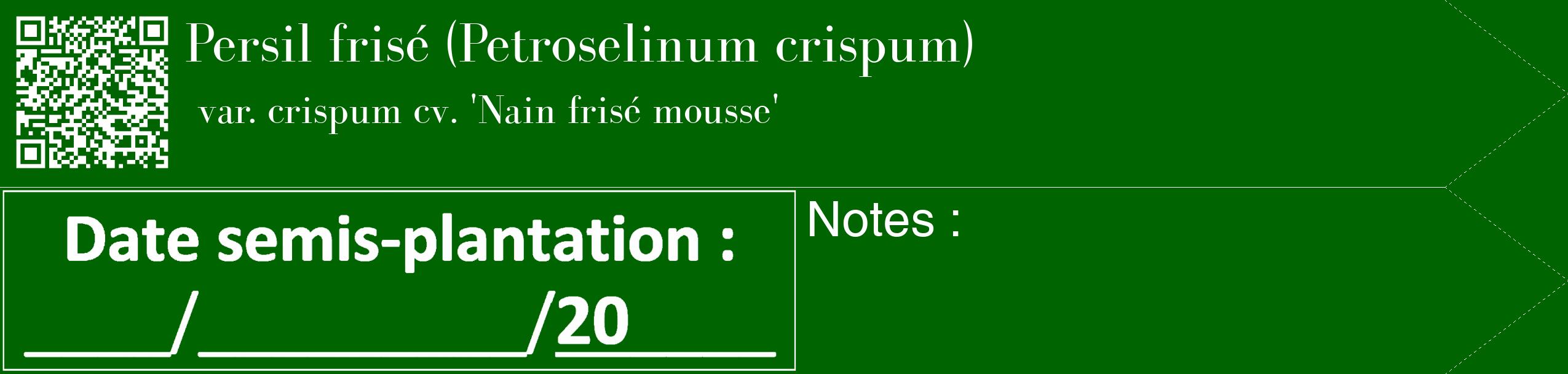 Étiquette de : Petroselinum crispum var. crispum cv. 'Nain frisé mousse' - format c - style blanche8_simple_simplebod avec qrcode et comestibilité
