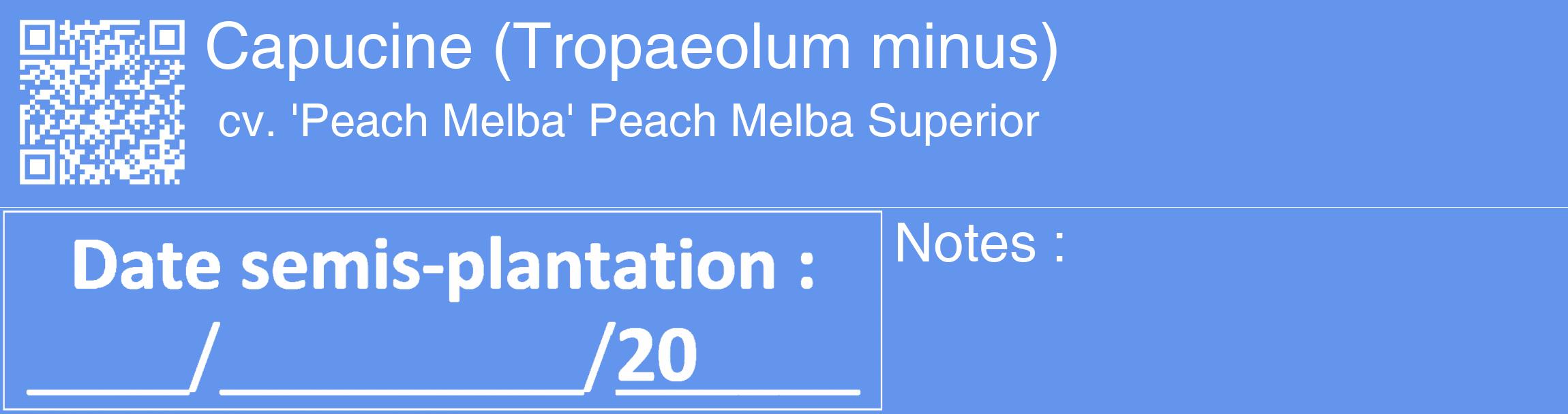 Étiquette de : Tropaeolum minus cv. 'Peach Melba' - format c - style blanche4_basique_basiquehel avec qrcode et comestibilité