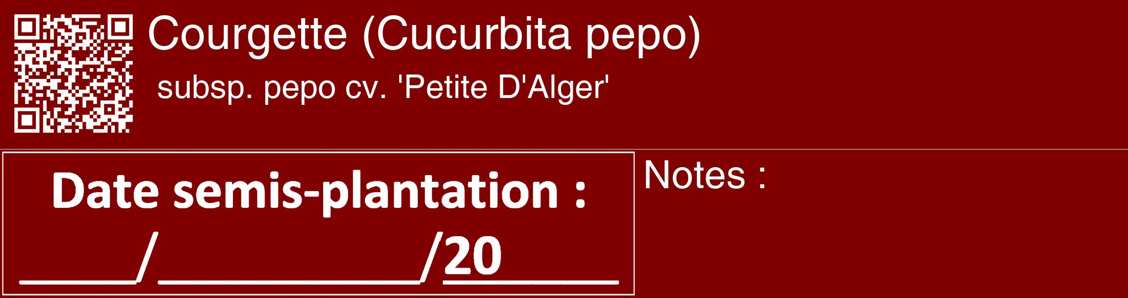 Étiquette de : Cucurbita pepo subsp. pepo cv. 'Petite D'Alger' - format c - style blanche29_basique_basiquehel avec qrcode et comestibilité