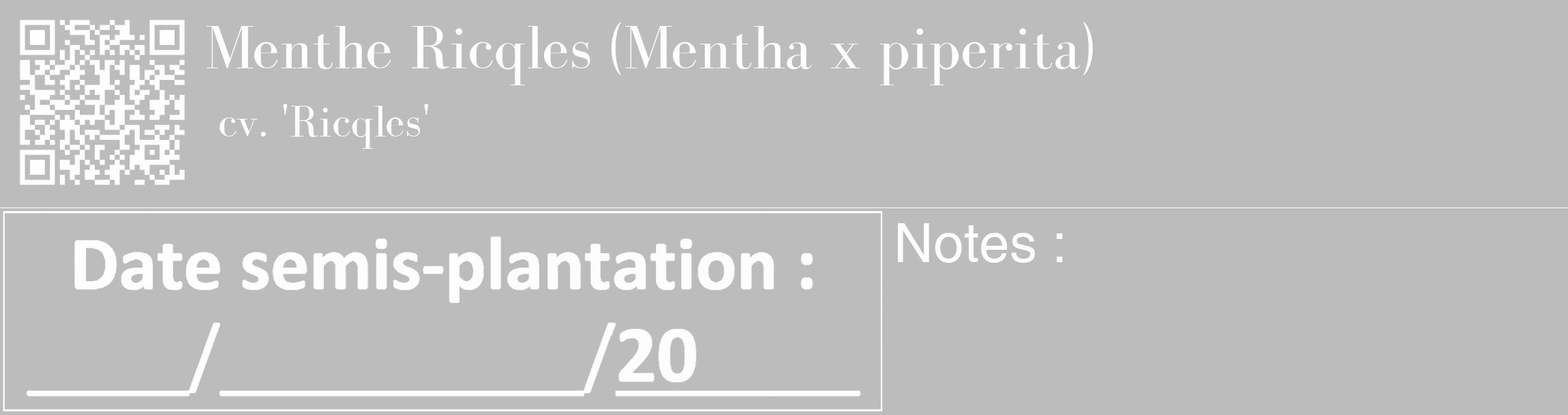 Étiquette de : Mentha x piperita cv. 'Ricqles' - format c - style blanche1_basique_basiquebod avec qrcode et comestibilité