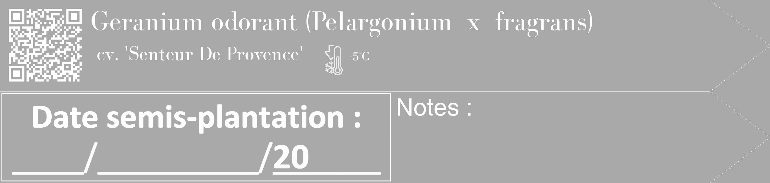 Étiquette de : Pelargonium x fragrans cv. 'Senteur De Provence' - format c - style blanche13_simple_simplebod avec qrcode et comestibilité