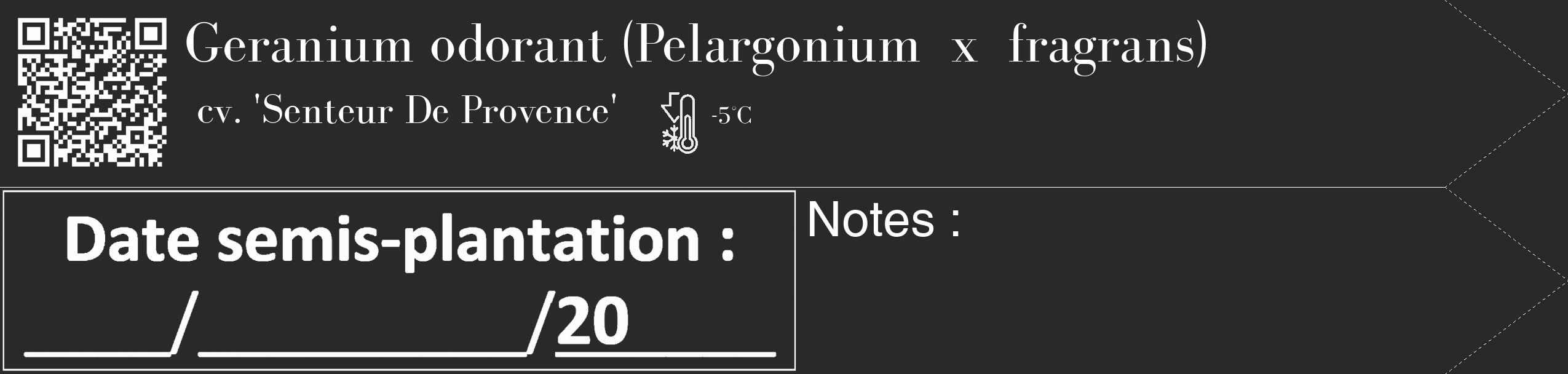 Étiquette de : Pelargonium x fragrans cv. 'Senteur De Provence' - format c - style blanche34_simple_simplebod avec qrcode et comestibilité